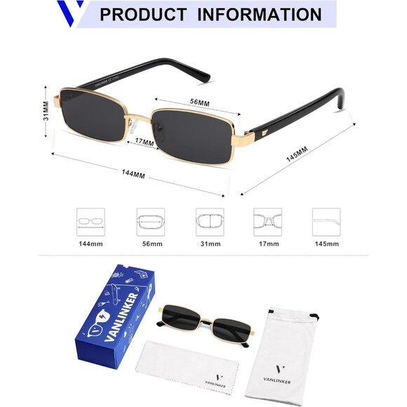 ✨Women Black Retro Rectangle Polarized Small Trendy Slim Narrow Frame Sunglasses